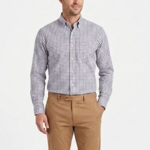 Peter Millar Men's White Blue Brown Check Stretch Cotton LS Dress Shirt Size XL